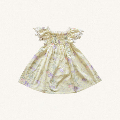 Elastic Lace Sleeve Flower Dress