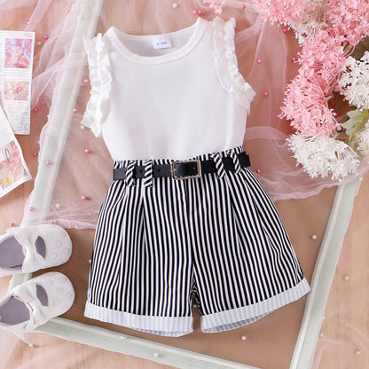 Girls' Pink Sunken Stripe Vest Shorts