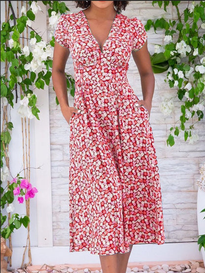 Women's Printed Pocket Bohemian V-neck Dress