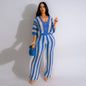 Women's Sexy V-neck Hollow Striped Lapel Knitted Width Blouse And Pants