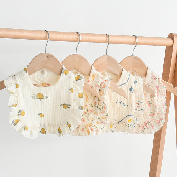 Ruffled Cotton Baby Bib - Printed Gauze Lace