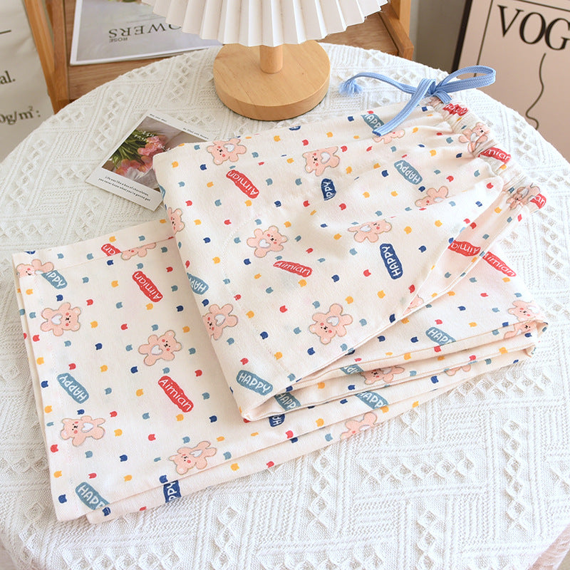 Brushed Flannel Loose Pure Cotton Cartoon Printed Pajama Pants For Women