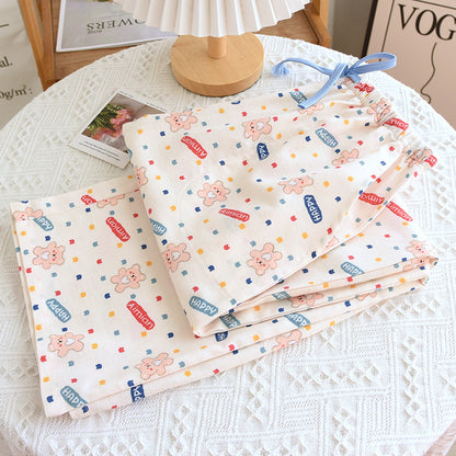 Brushed Flannel Loose Pure Cotton Cartoon Printed Pajama Pants For Women