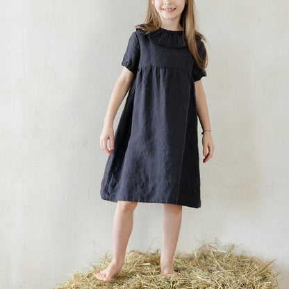 Ruffled Round Neck Waist Puff Sleeve Dress