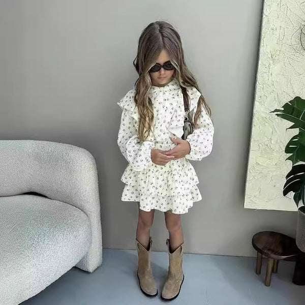 Girls Floral Lace Shirt Tiered Skirt