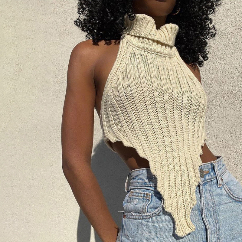 Débardeur en tricot uni à col roulé et coupe ajustée irrégulière pour femme