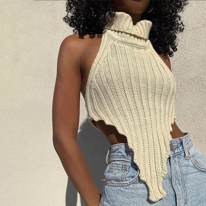 Débardeur en tricot uni à col roulé et coupe ajustée irrégulière pour femme