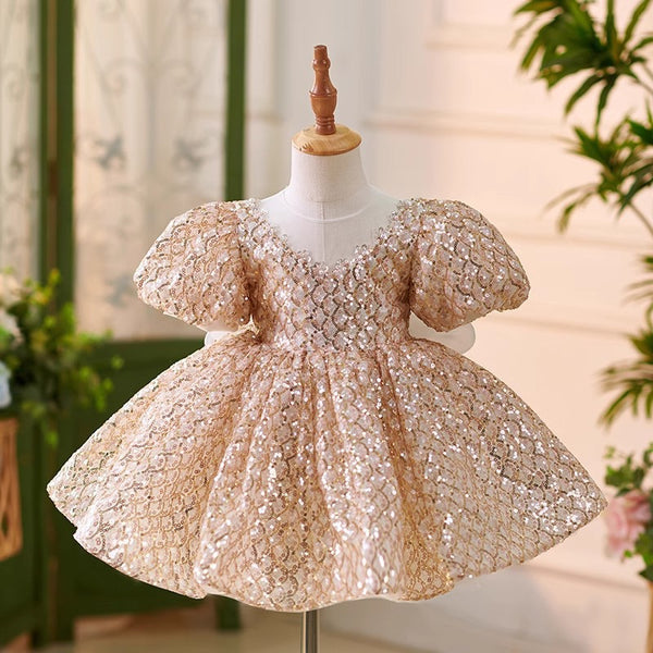 Golden Sequined Puff Sleeve Princess Dress