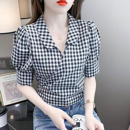 Plaid Shirt Women's Design Sense Niche French Tight Waist Puff Sleeve