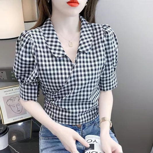 Plaid Shirt Women's Design Sense Niche French Tight Waist Puff Sleeve