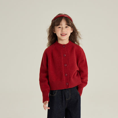 Girl's Red Knitted Cardigan