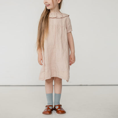 Ruffled Round Neck Waist Puff Sleeve Dress