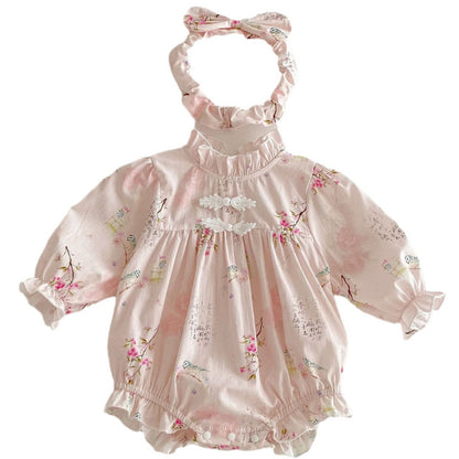 Long Sleeve Baby Girl Triangle Rompers Retro Tang Style Dress