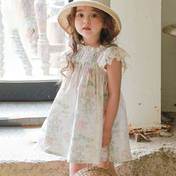 Elastic Lace Sleeve Flower Dress