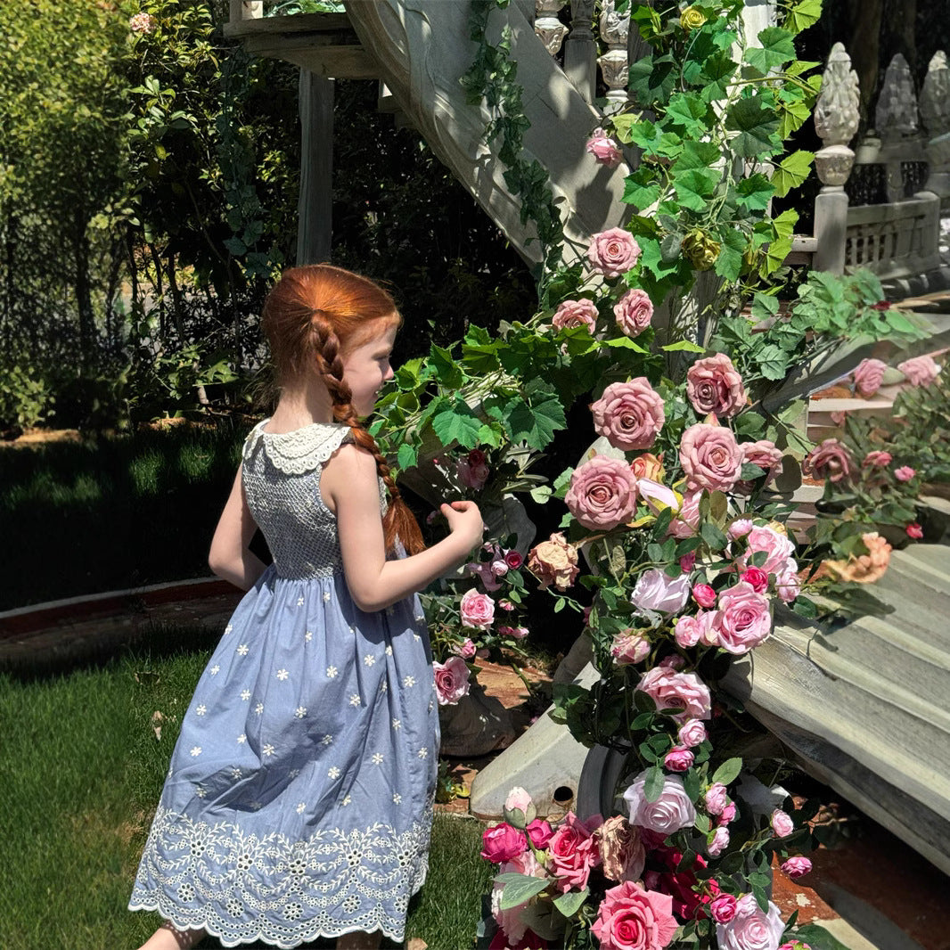 Girls Smocking Machine Embroidery Dress Sleeveless