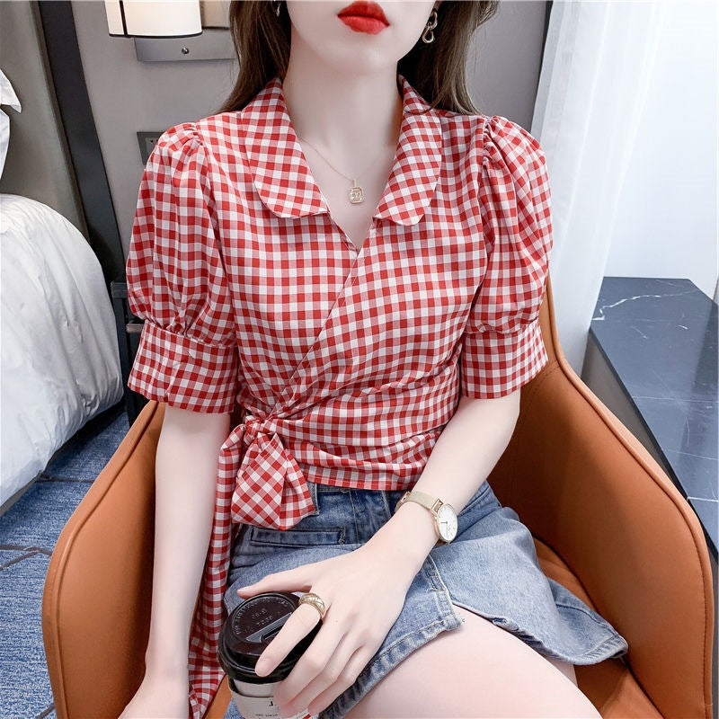Plaid Shirt Women's Design Sense Niche French Tight Waist Puff Sleeve