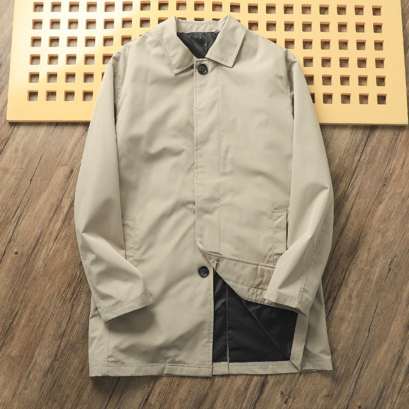 Solid Color Casual Polo Collar Mid-length Trench Coat Men