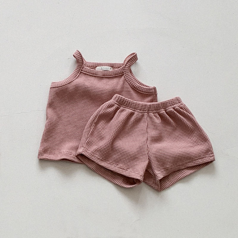 Infant CottonWaffle Suspender Shorts Suit