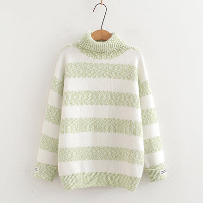 Japanese Style Half Turtleneck Pullover Long Sleeve Knitted Sweater Striped Contrast Color Ladies