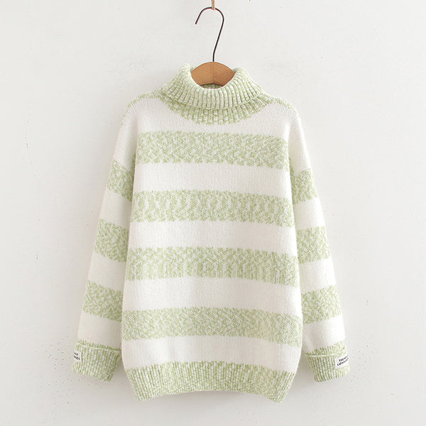 Japanese Style Half Turtleneck Pullover Long Sleeve Knitted Sweater Striped Contrast Color Ladies