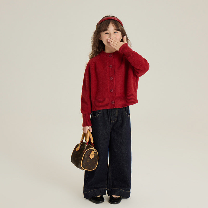 Girl's Red Knitted Cardigan