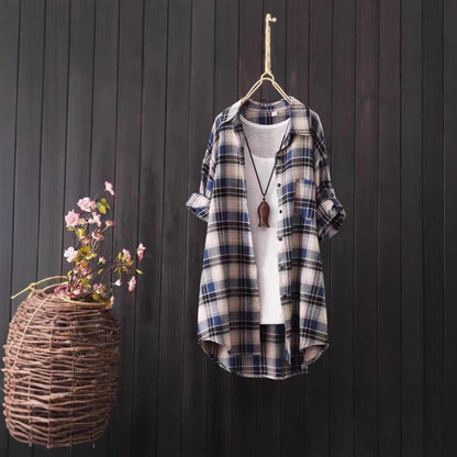 Loose And Idle Plaid Shirt Women's Mid-length Autumn Hongkong Style Coat