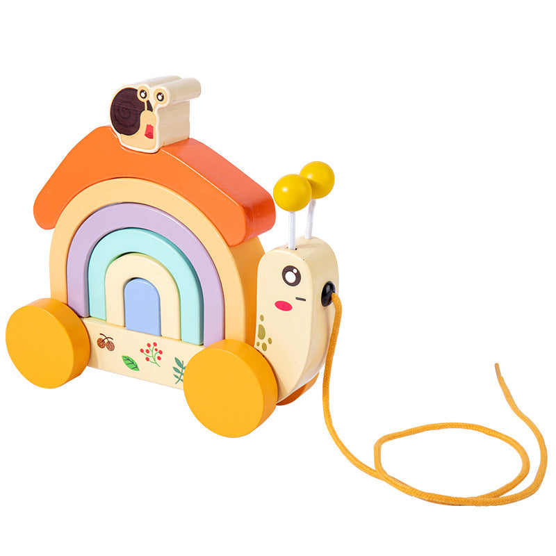 Wooden Children's Leash Snail Trailer Rainbow Building Blocks