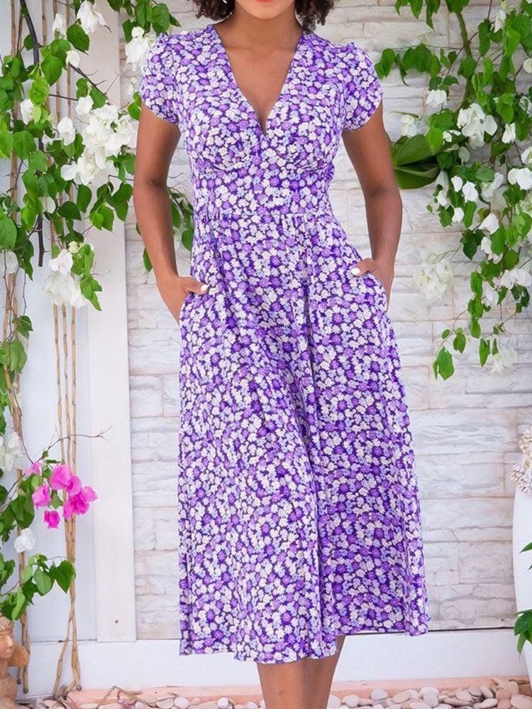 Women's Printed Pocket Bohemian V-neck Dress