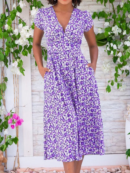 Women's Printed Pocket Bohemian V-neck Dress