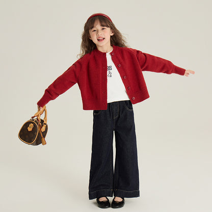 Girl's Red Knitted Cardigan