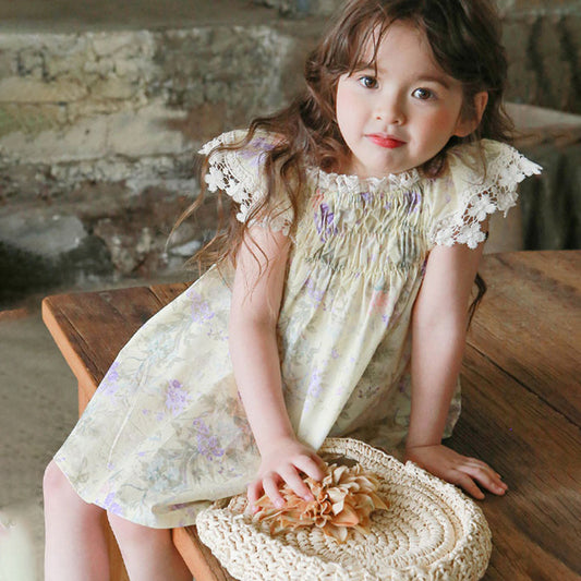 Elastic Lace Sleeve Flower Dress