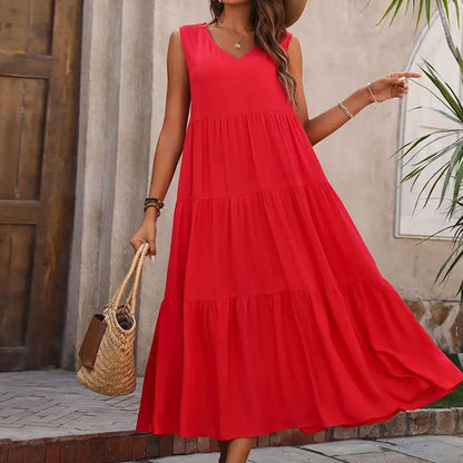 Women's Summer Solid Color And V-neck Layered Stitching Loose Dress
