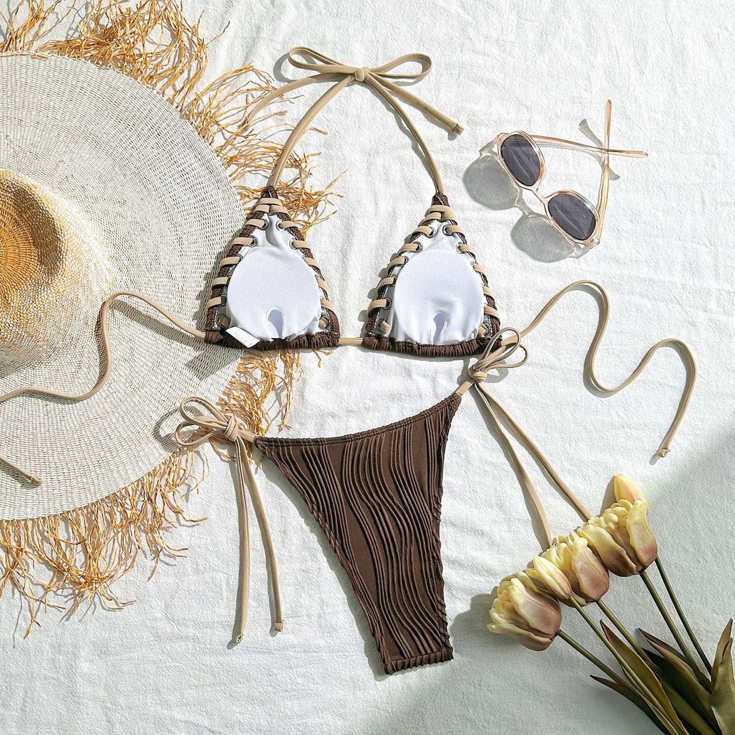 2025 Halter Wrinkled Weave Bikini Women Swimwear Female Swimsuit Two Pieces Bikini Set Brazilian Bathing Suit Swim Beach Wear