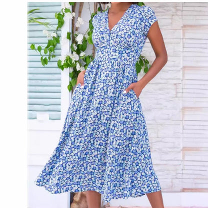 Women's Printed Pocket Bohemian V-neck Dress