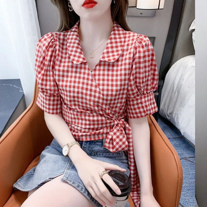 Plaid Shirt Women's Design Sense Niche French Tight Waist Puff Sleeve