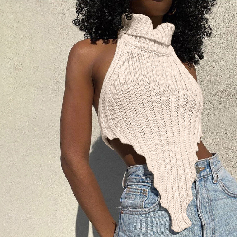 Débardeur en tricot uni à col roulé et coupe ajustée irrégulière pour femme
