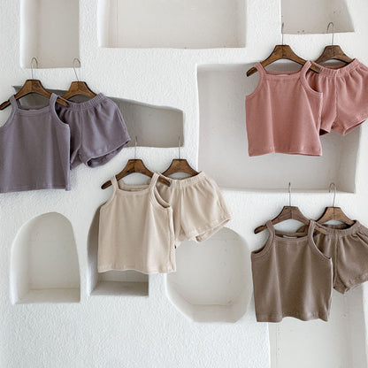 Infant CottonWaffle Suspender Shorts Suit