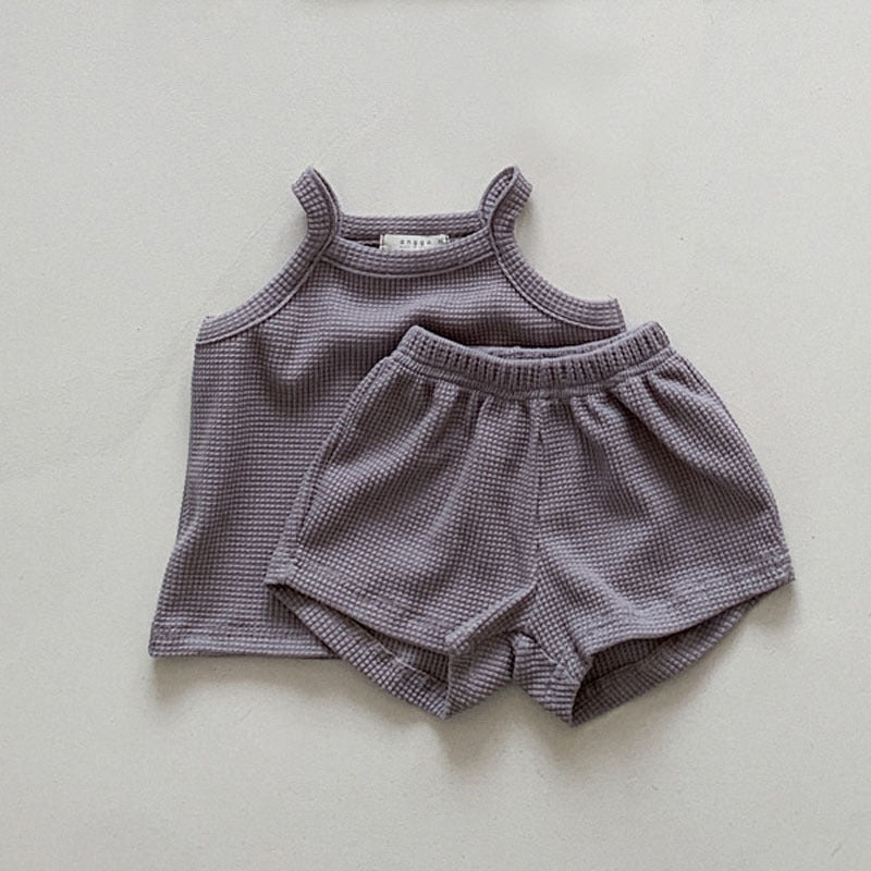 Infant CottonWaffle Suspender Shorts Suit