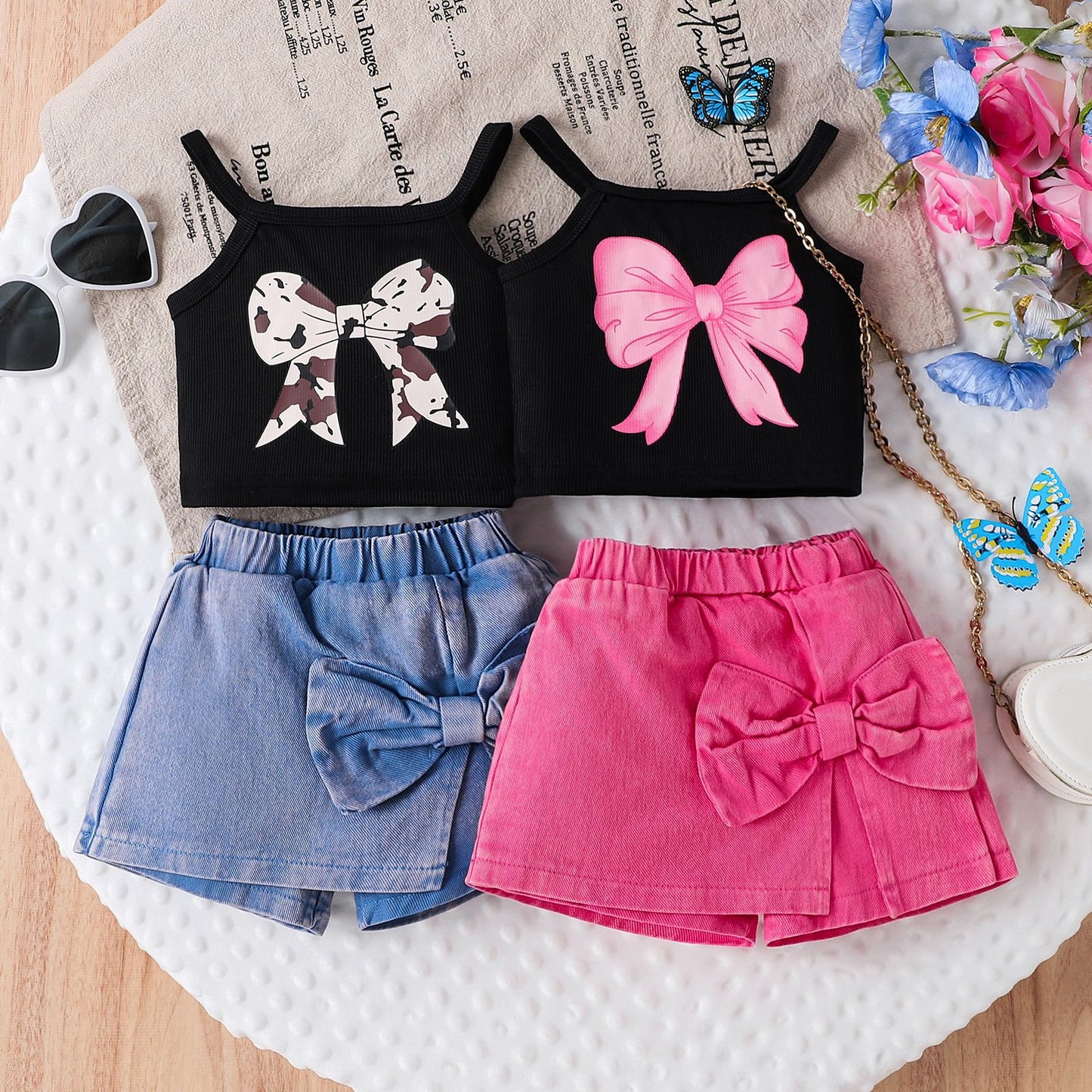 Children's Suit Bow Print Sling Pantskirt