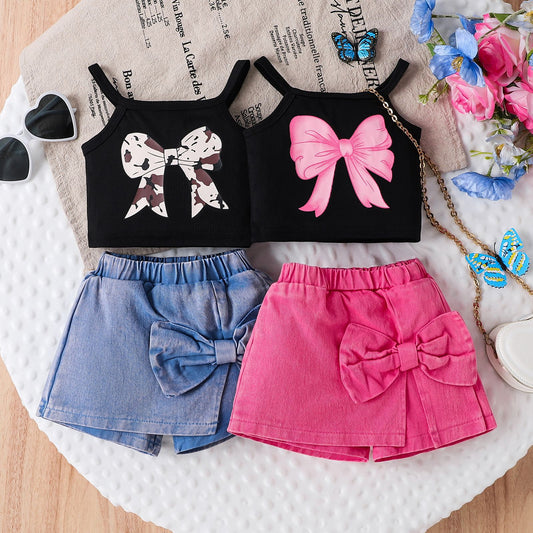 Children's Suit Bow Print Sling Pantskirt