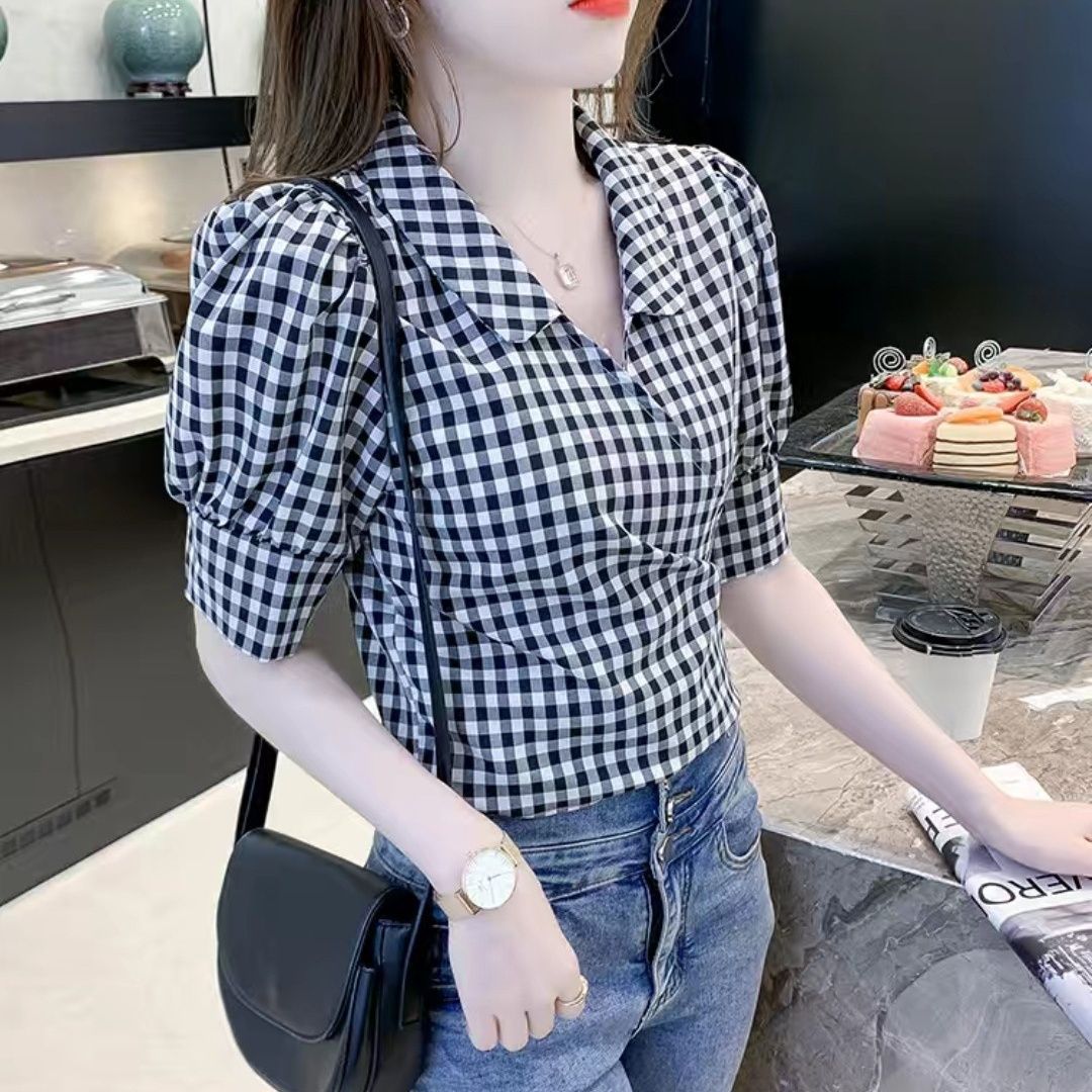 Plaid Shirt Women's Design Sense Niche French Tight Waist Puff Sleeve