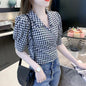 Plaid Shirt Women's Design Sense Niche French Tight Waist Puff Sleeve