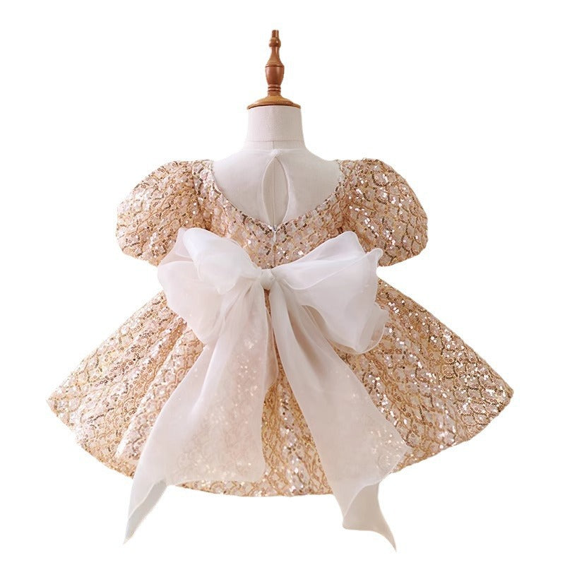Golden Sequined Puff Sleeve Princess Dress