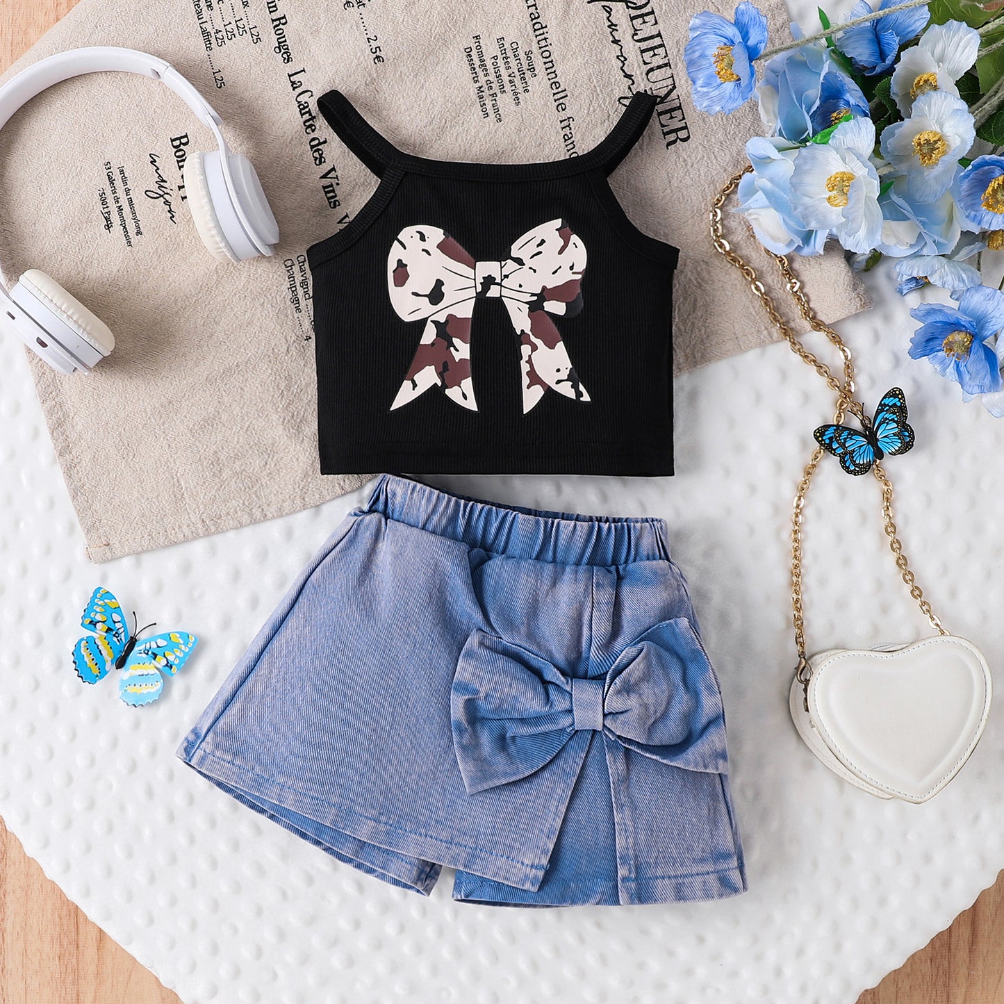 Children's Suit Bow Print Sling Pantskirt