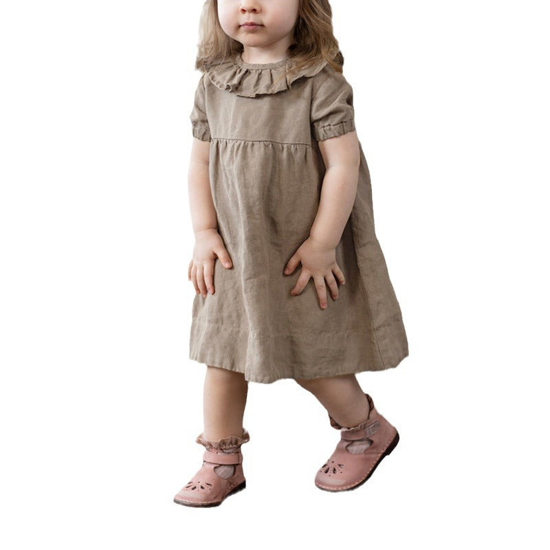 Ruffled Round Neck Waist Puff Sleeve Dress