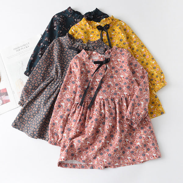 Girls' Floral Cotton Bowknot Dress