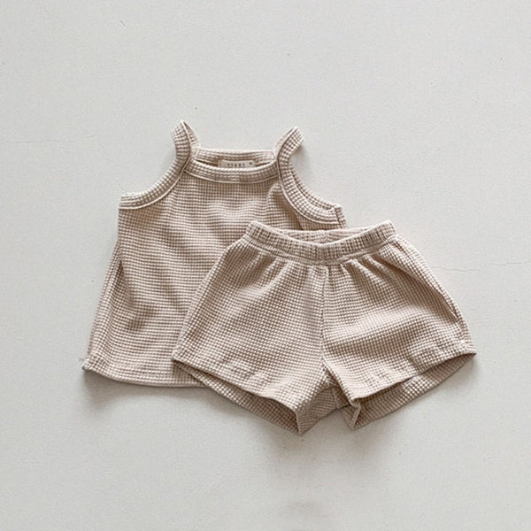 Infant CottonWaffle Suspender Shorts Suit