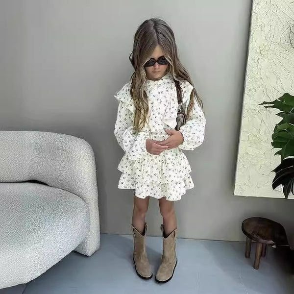 Girls Floral Lace Shirt Tiered Skirt