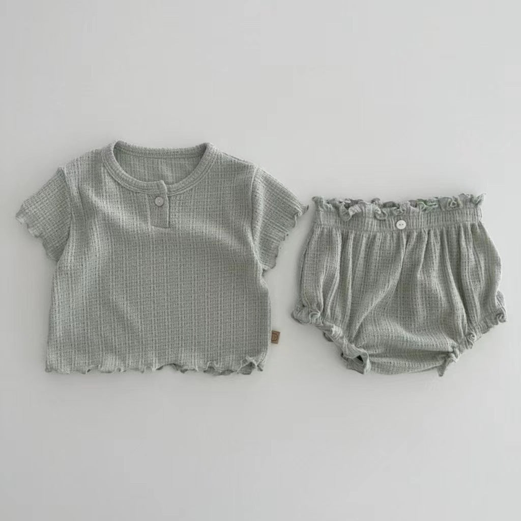 Short en dentelle de couleur unie, haut de couleur unie, manches courtes, doux et confortable pour la maison