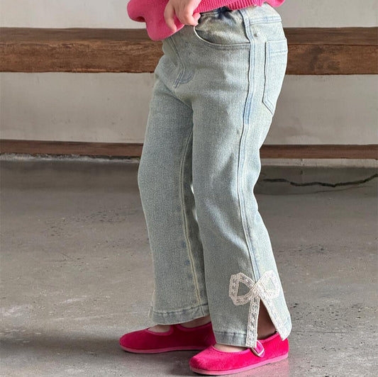Vintage Elastic Lace Bow Bell-bottom Pants